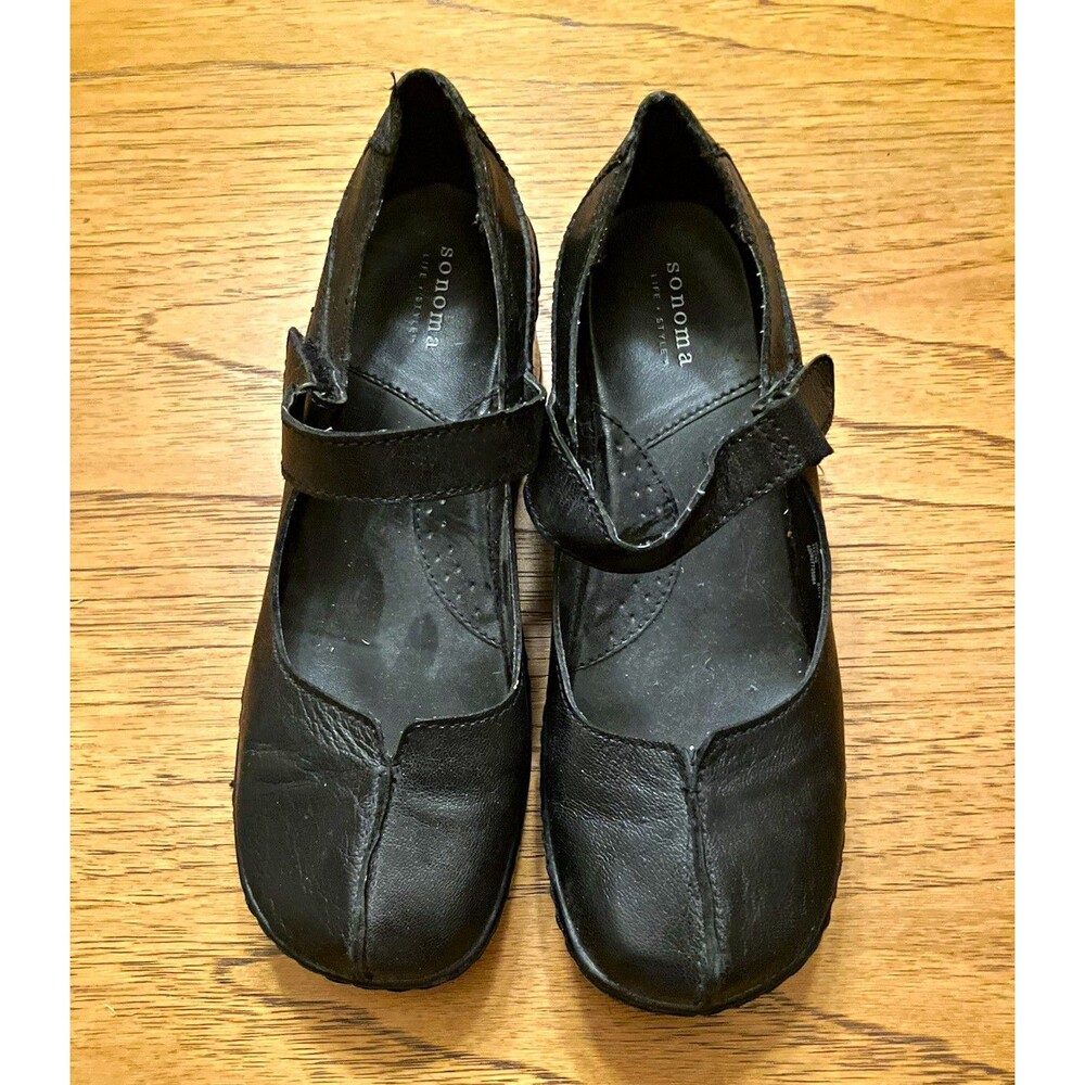 Sonoma Black Leather Mary Jane Wedge Heels Hook & Loop Strap Round Toe 8.5M